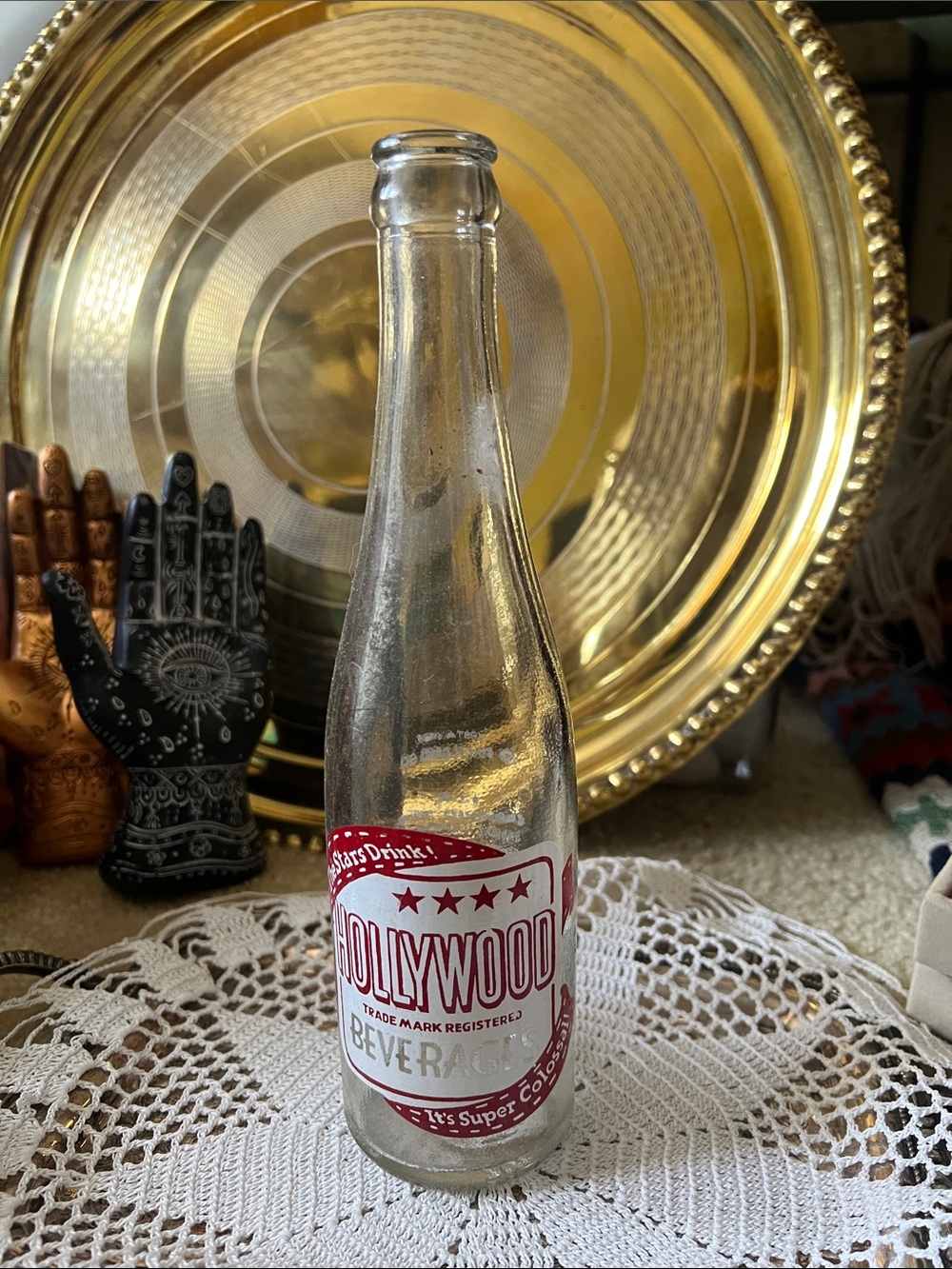 Rare Hollywood Beverage Vintage Clear Glass Bottle with Red Label